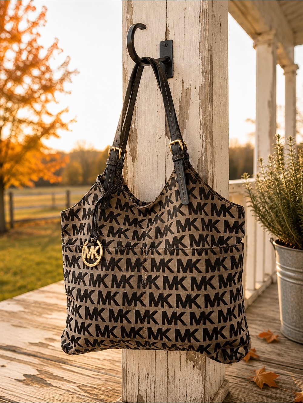 Michael Kors Large MK Logo Jacquard Tote Shoulder Bag Brown Beige Canvas Purse